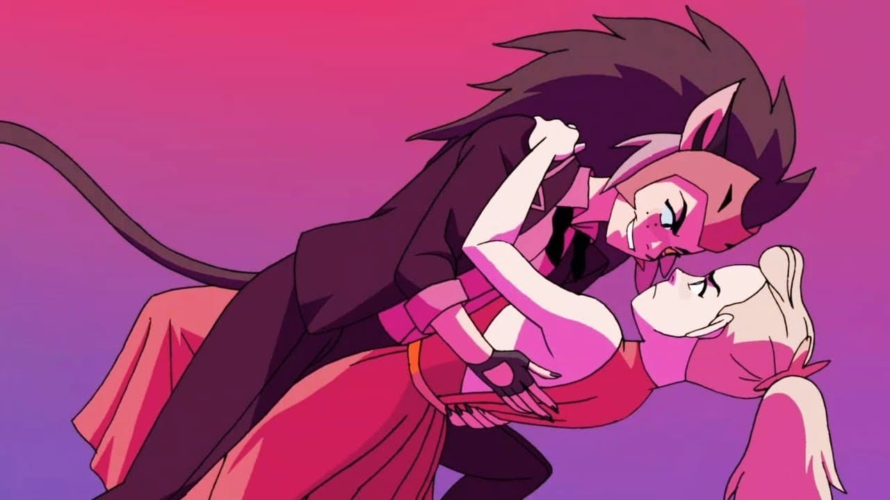 Animated cat-like character in dark clothing dipping a pink-clad figure backwards. Dramatic pose against pink-purple gradient background. Stylized anime-inspired art with bold colors and expressive emotion.